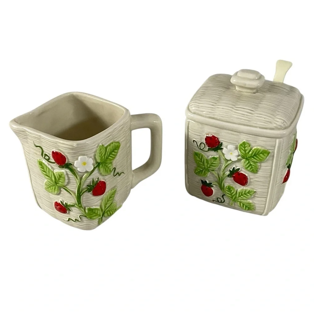 Vintage 1982 Otagiri Japan Strawberry Ceramic Creamer & Sugar Jar Set with Spoon